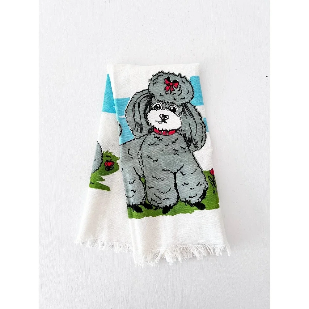 50s Poodle Tea Towel / Vintage‎ Dog Dishtowel / 50s Blue Woven Kitchen